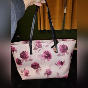 kate spade Cream Tote with Pink Rose Print and Black Handles